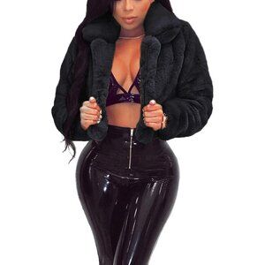 〽️Womens Black Ramoug Winter Faux Fur Cropped Shaggy Open Front Jacket